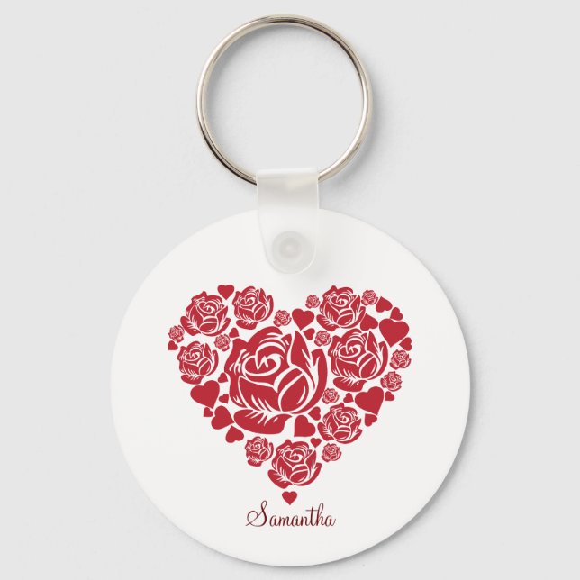 Personalized Elegant Red Rose Heart Valentine's   Keychain (Front)