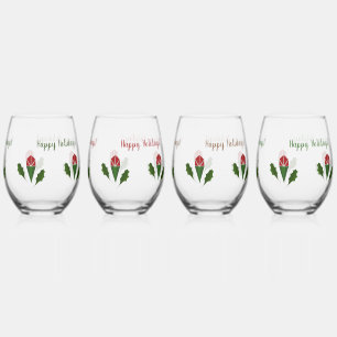 Personalized Elegant Red Roses & Holly Holiday Stemless Wine Glass