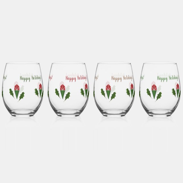 Personalized Elegant Red Roses & Holly Holiday Stemless Wine Glass (Back)