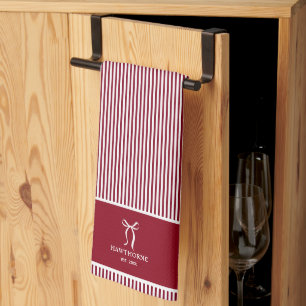 Personalized Elegant Red Stripe Bow Kitchen Towel