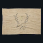 Personalized elegant rustic monogram family name kitchen towel<br><div class="desc">Custom laurel monogrammed family name and established year elegant chic rustic country farmhouse style ochre beige burlap template kitchen towel.         A modern keepsake gift or kitchen decor for weddings,  anniversaries,  housewarmings,  Thanksgiving,  Christmas,  or any other occasion.</div>