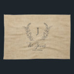 Personalized elegant rustic monogram family name kitchen towel<br><div class="desc">Custom laurel monogrammed family name and established year elegant chic rustic country farmhouse style ochre beige burlap template kitchen towel.         A modern keepsake gift or kitchen decor for weddings,  anniversaries,  housewarmings,  Thanksgiving,  Christmas,  or any other occasion.</div>