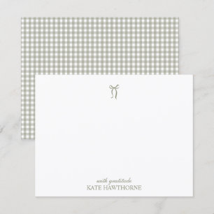 Personalized Elegant Sage Green Gingham Bow Thank You Card