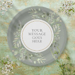 Personalized Elegant Sage Green Gold Greenery Paper Plate<br><div class="desc">Featuring delicate soft watercolor leaves on a sage green background,  this chic botanical paper plate can be personalized with your special message set in elegant text. Perfect for weddings,  bridal showers,  baby showers,  baptism,  engagement parties,  anniversary celebrations,  and birthday get-togethers. Designed by Thisisnotme©</div>