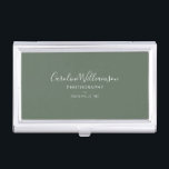 Personalized Elegant Sage Green Minimalist Script Business Card Holder<br><div class="desc">Keep your cards organized in style with this elegant business card case featuring a soft sage green background and minimalist script typography. Designed for photographers, creatives, or small business owners, this sleek case adds a polished touch to client meetings and networking events. Personalize it with your name, profession, and location...</div>