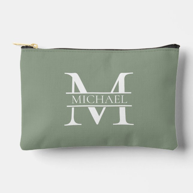 Personalized Elegant Sage Green Monogram & Name Accessory Pouch (Front)
