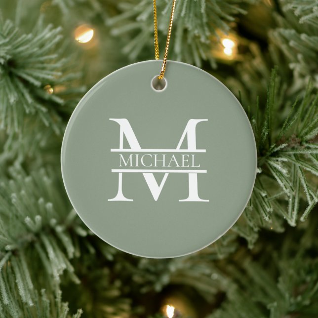 Personalized Elegant Sage Green Monogram & Name Ceramic Ornament (Tree)