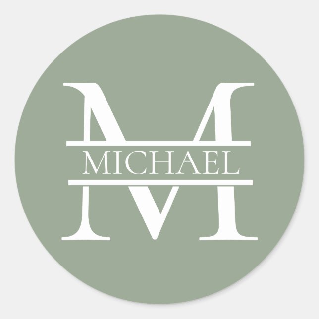Personalized Elegant Sage Green Monogram & Name Classic Round Sticker (Front)