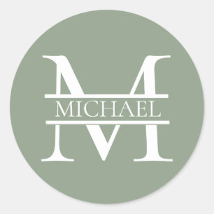 Personalized Elegant Sage Green Monogram & Name Classic Round Sticker