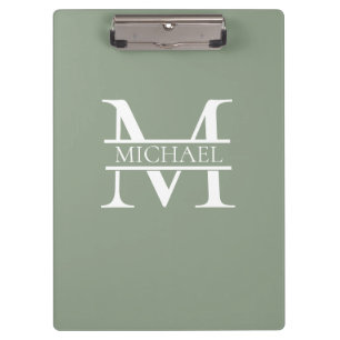 Personalized Elegant Sage Green Monogram & Name Clipboard
