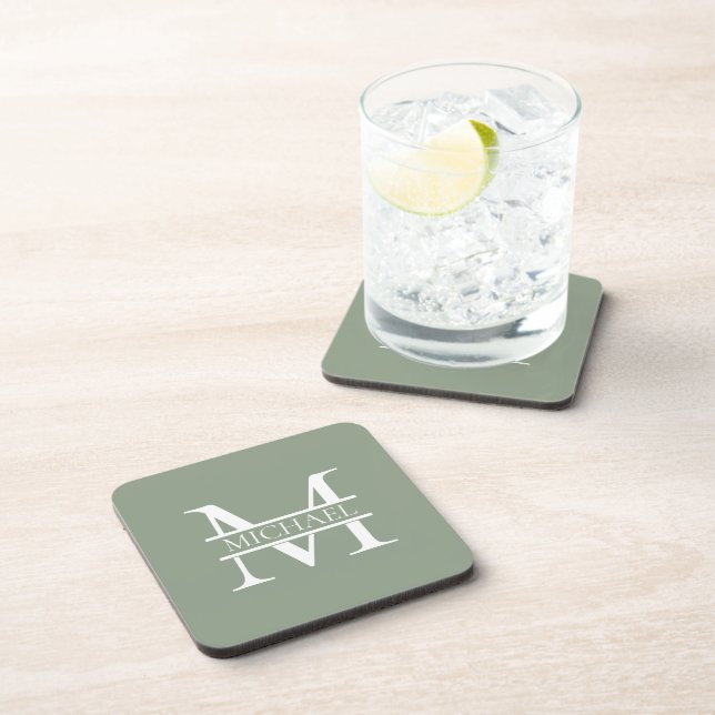 Personalized Elegant Sage Green Monogram & Name Coaster (Right Side)