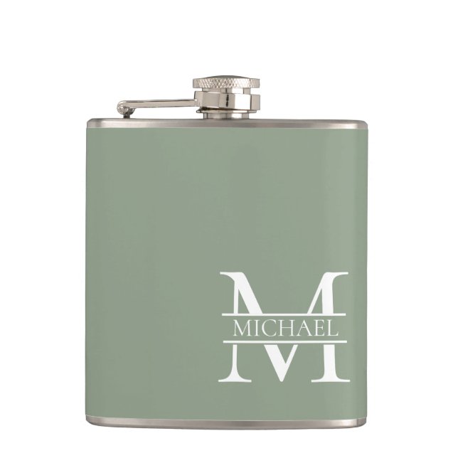 Personalized Elegant Sage Green Monogram & Name Hip Flask (Front)