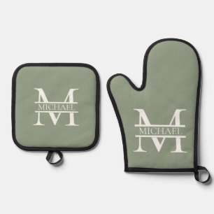 Personalized Elegant Sage Green Monogram & Name Oven Mitt & Pot Holder Set