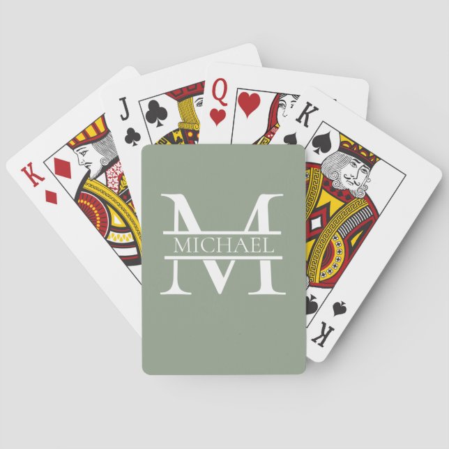 Personalized Elegant Sage Green Monogram & Name Playing Cards (Back)