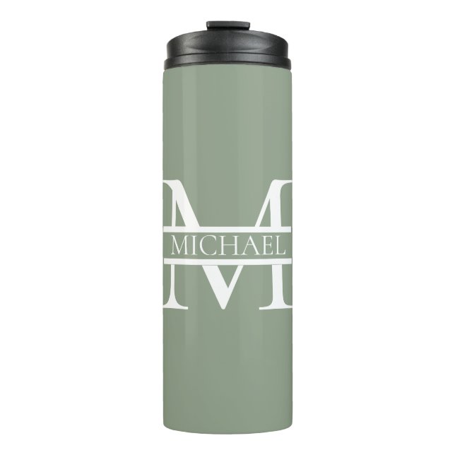 Personalized Elegant Sage Green Monogram & Name Thermal Tumbler (Front)
