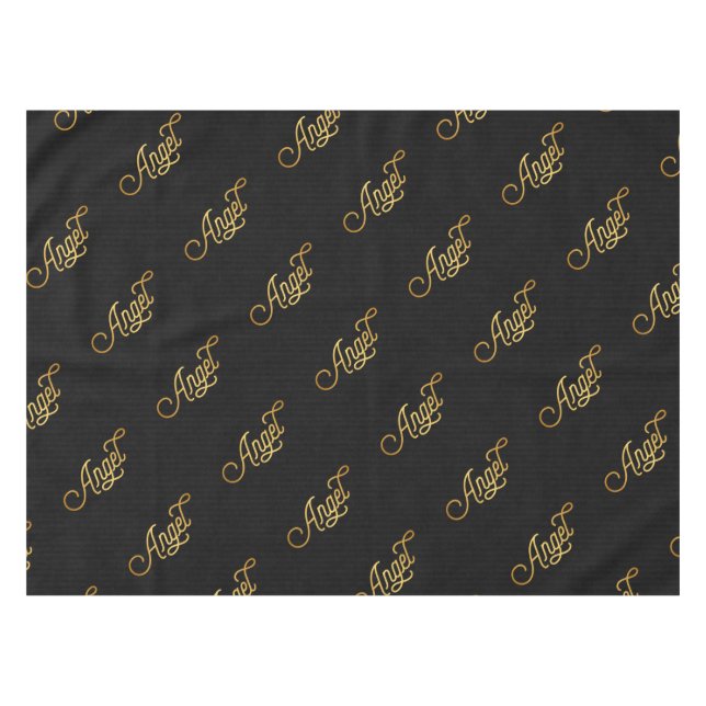 Personalized Elegant Script Angel Gold Black Tablecloth (Front (Horizontal))