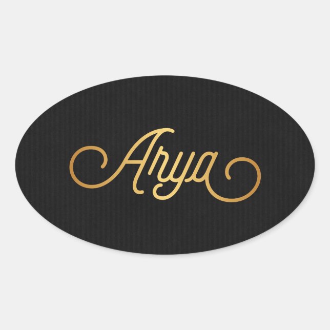 Personalized Elegant Script Arya Gold Black Oval Sticker (Front)
