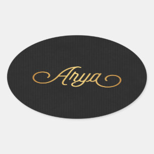 Personalized Elegant Script Arya Gold Black Oval Sticker