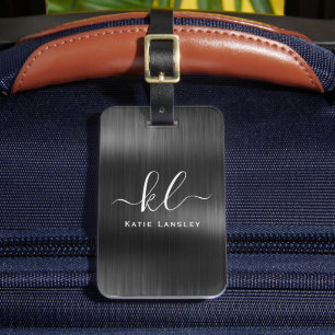 Personalized Elegant Script Black Faux Metallic Luggage Tag