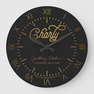 Personalized Elegant Script Charly Gold Black Large Clock