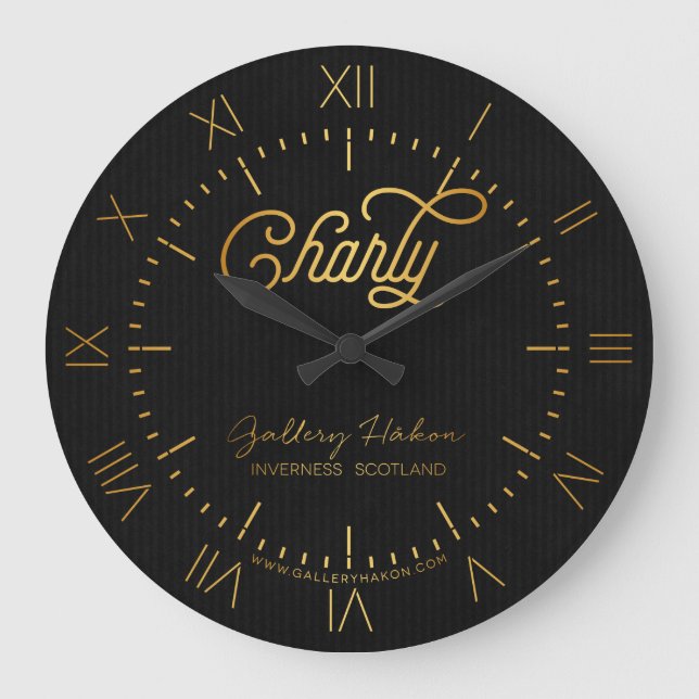 Personalized Elegant Script Charly Gold Black Large Clock (Front)