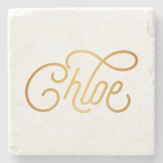 Personalized Elegant Script Chloe Gold on Black Stone Coaster (Front)