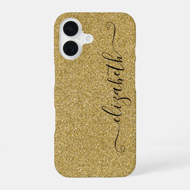 Personalized Elegant Script Gold Glitter iPhone 16 Case (Back)