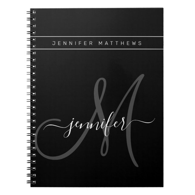 Personalized Elegant Script Grey Black Monogram Notebook (Front)