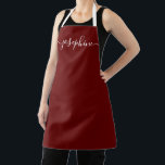 Personalized elegant script name soft Burgundy Apron<br><div class="desc">Hosting a botanical, succulent workshop? How about a cooking class? Give out personalized burgundy red aprons for your guests with an elegant font script type that will surely delight them. Have the talking about this sophisticated giveaway. Tip: to keep the long swashes at the end keep the small squares at...</div>