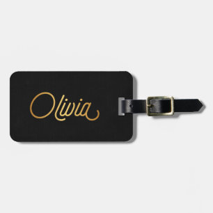 Personalized Elegant Script Olivia Gold Black Luggage Tag