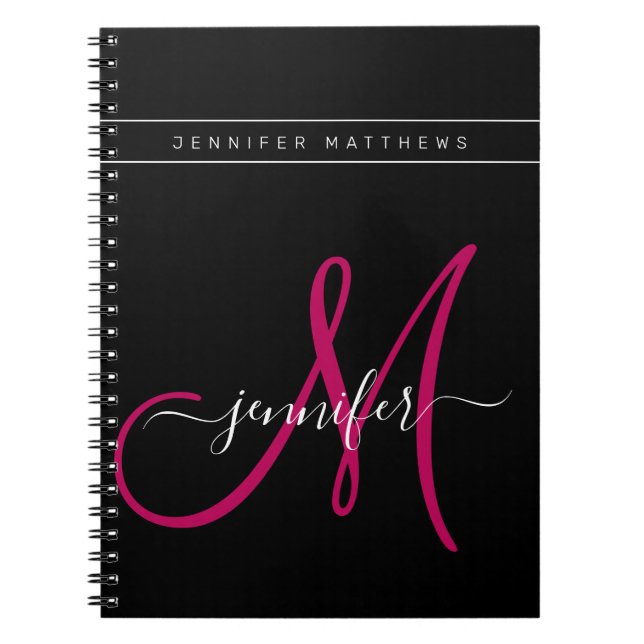 Personalized Elegant Script Pink Black Monogram Notebook (Front)