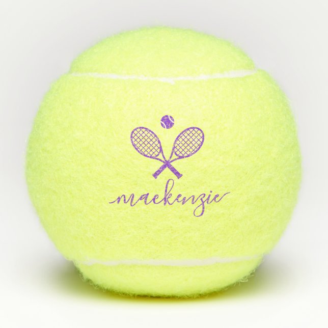 Personalized Elegant Script Purple Crossed Rackets Tennis Balls (Front)