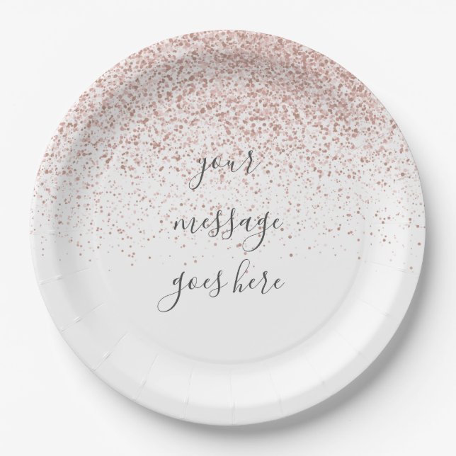 Personalized Elegant Script Rose Gold Glitter Paper Plate (Front)
