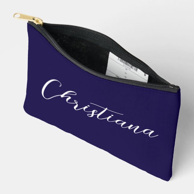 Personalized Elegant Script Typography Navy Blue Accessory Pouch (Open)