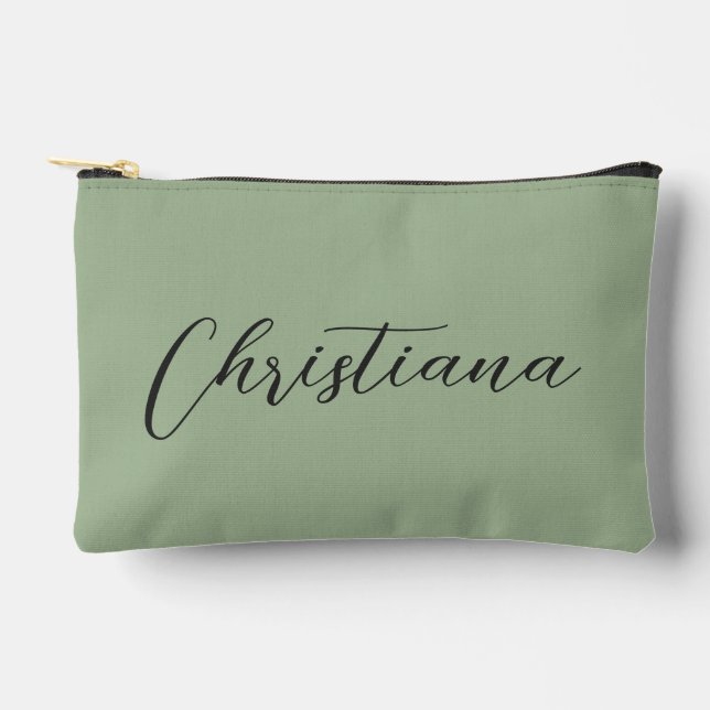 Personalized Elegant Script Typography Sage Green Accessory Pouch (Front)