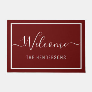 Personalized Elegant Script Welcome Burgundy Doormat