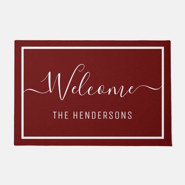 Personalized Elegant Script Welcome Burgundy Doormat (Front)