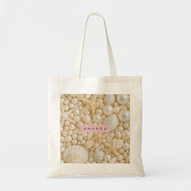 Personalized Elegant Seashell and Pearl Tote Bag (Front)