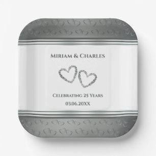Personalized Elegant Silver 25th Anniversary Party Paper Plate