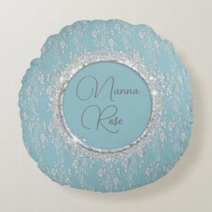 Personalized Elegant Silver Flowers on Blue Round Pillow