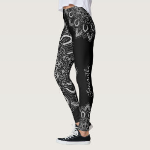 Personalized Elegant Silver Mandala Print Black Leggings