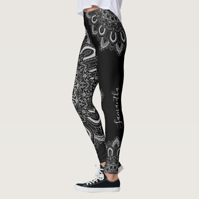 Personalized Elegant Silver Mandala Print Black Leggings (Left)