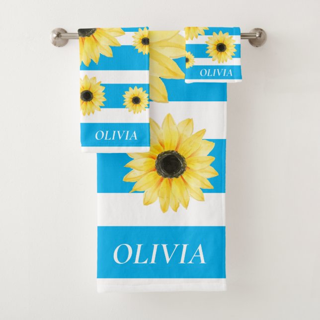 Personalized Elegant Sunfllower blue and white Bath Towel Set (Insitu)