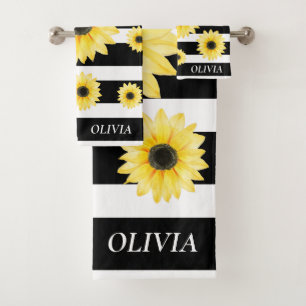 Personalized Elegant Sunfllower on Black and White Bath Towel Set