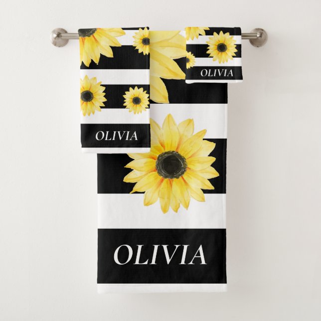 Personalized Elegant Sunfllower on Black and White Bath Towel Set (Insitu)