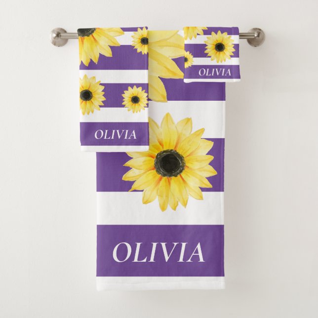 Personalized Elegant Sunfllower purple and white Bath Towel Set (Insitu)