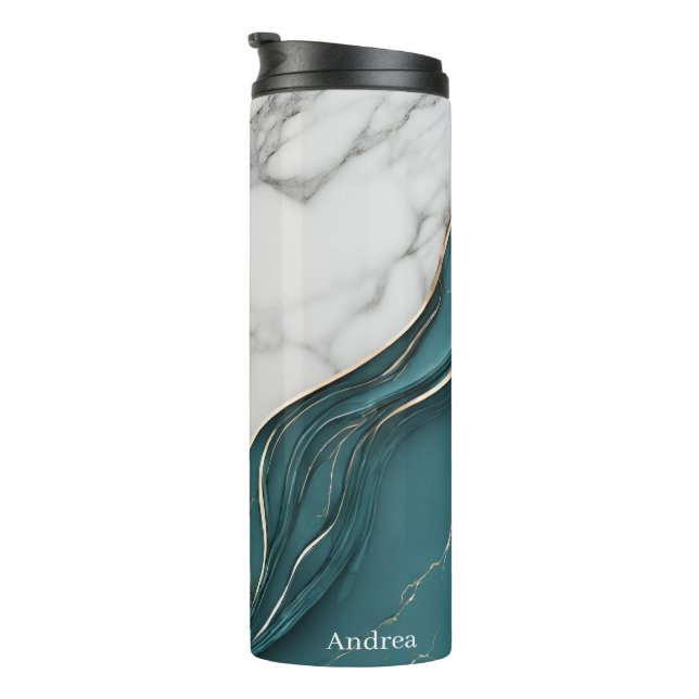 Personalized Elegant Teal Gold Marble Thermal Tumbler (Rotated Right)