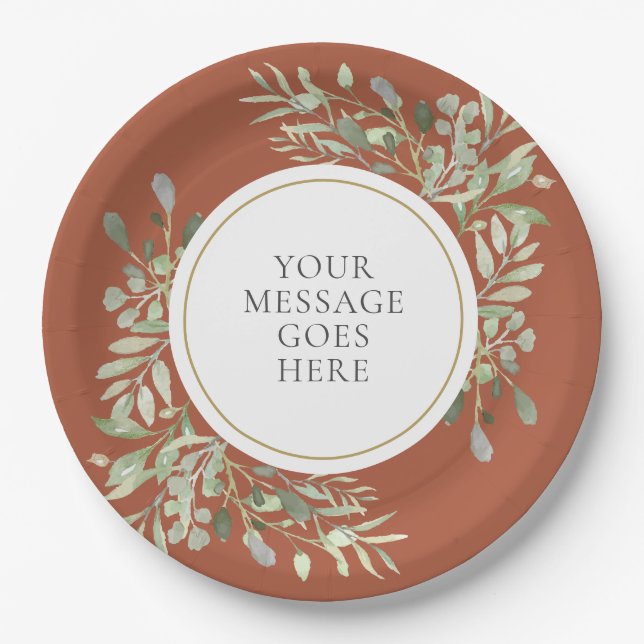 Personalized Elegant Terracotta Gold Greenery Paper Plate (Front)