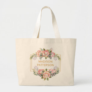 Personalized Elegant Watercolor Floral Girly Chic Large Tote Bag