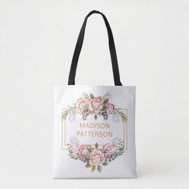 Personalized Elegant Watercolor Floral Girly Chic Tote Bag (Front)